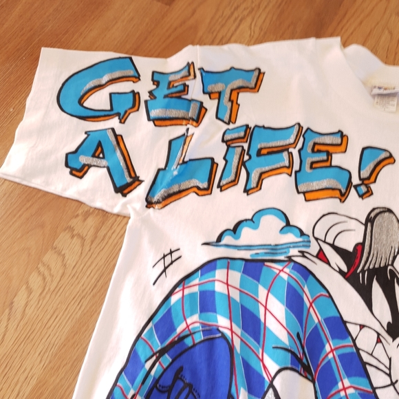 Looney Tunes Vintage 1995 AOP Sylvester Tweety Bird Cartoon Get A Life Tee Large - Picture 4 of 14